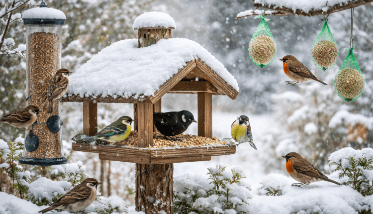 Schnee treibt Wintervögel an Futterhäuser/-netze/ Kar, kuşları yemliklere ve besleme ağlarına yöneltiyor